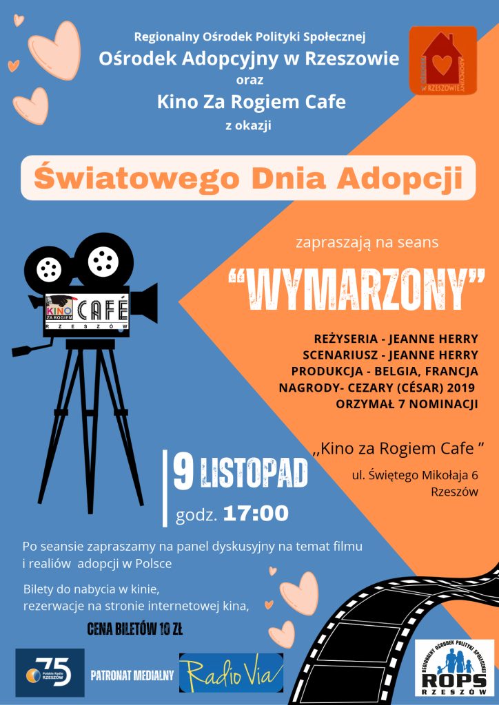 Plakat dotyczący seansu filmu „Wymarzony” w Kinie za Rogiem Café z okazji Światowego Dnia Adopcji